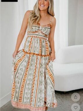 Dress Forum Cream Maxi Dress with Orange and Sage Print
